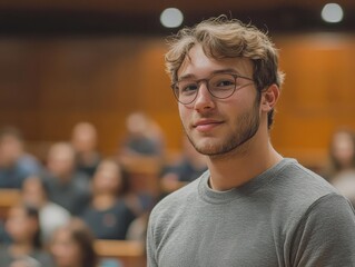 Fototapeta premium A college student giving a presentation to classmates in a lecture hall, Presentation, Confident and educational