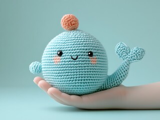 A crochet whale plush toy being held by a person