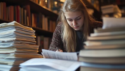 A college student working on a research paper with multiple resources, Research, Detailed and studious