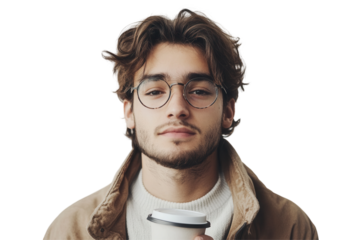 Young man holding a coffee cup, wearing glasses and a casual outfit, posing against a transparent background in a relaxed setting