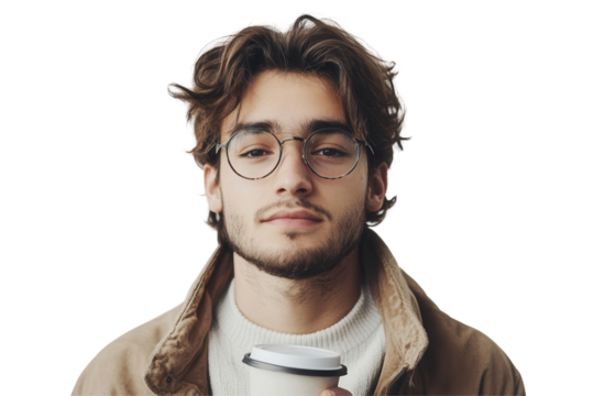 Young man holding a coffee cup, wearing glasses and a casual outfit, posing against a transparent background in a relaxed setting