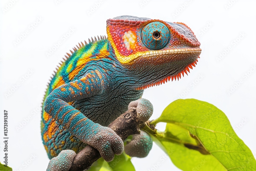 Poster colorful chameleon displays vibrant patterns and textures in a natural setting, showcasing its uniqu