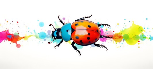 White background with drawings of colorful ladybug for children, ai generative