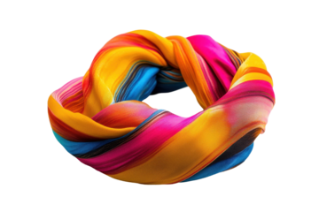 Silk scarf in vibrant gradient colors styled into a circular arrangement perfect for fashion accessories and personal style enhancement