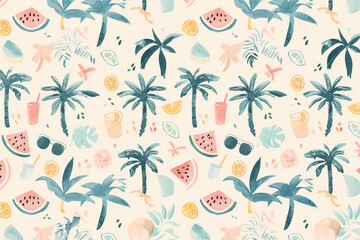 Aloha Summer Flatlay &ndash; Watermelon, Lemon & Vacation Vibes BackgroundSeamless Hand-Drawn Palm Tree and Sun Summer Pattern Background Set