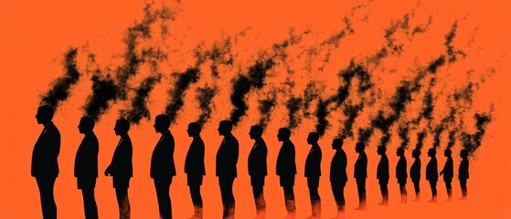 Silhouettes of people in suits stand in a line, with smoke rising from their heads against an orange background
