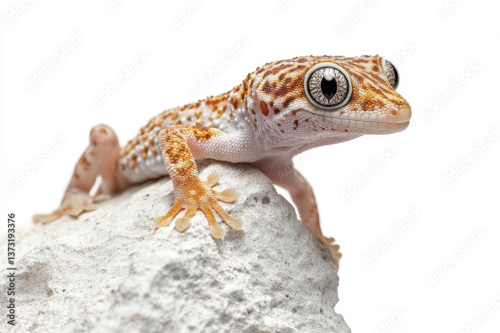 Poster colorful leopard gecko resting on a white rock with detailed skin patterns and expressive eyes durin