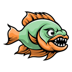 Angry Cartoon Piranha Fish Mascot Illustration – Green Body, Orange Fins, Sharp Teeth and Fierce Expression – Bold and Ferocious Vector Art Style Aquatic Predator Character for Logo, Gaming and Design