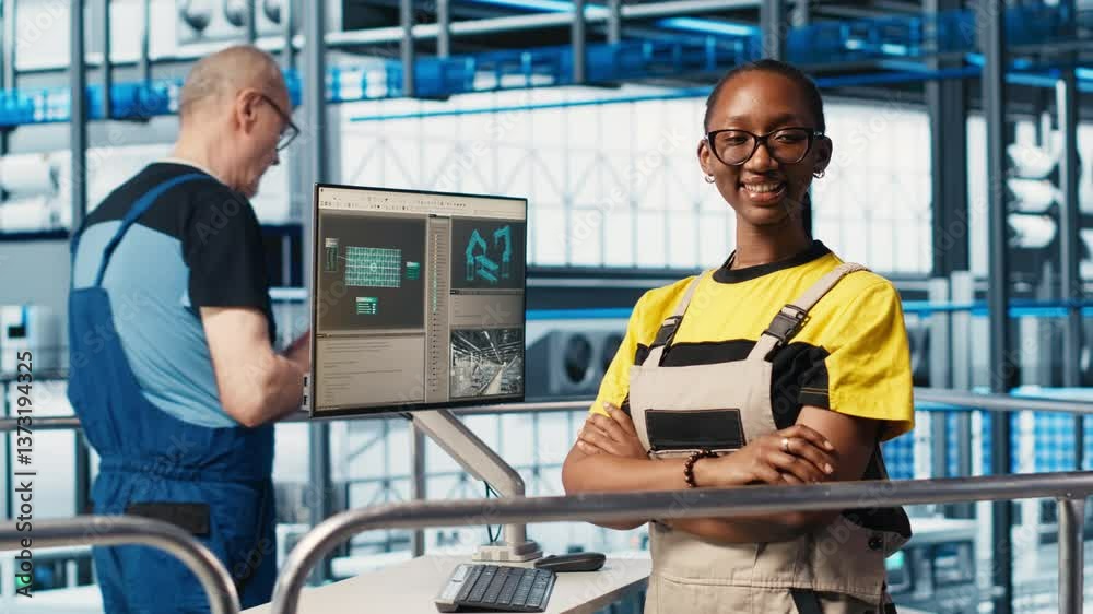 Poster portrait of happy smart factory engineer working on predictive maintenance algorithms to enhance pro