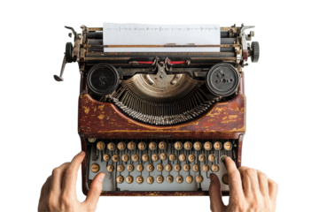 Vintage typewriter with hands poised over keys in a bright, minimalistic setting showcasing classic writing tools and nostalgia for traditional communication methods