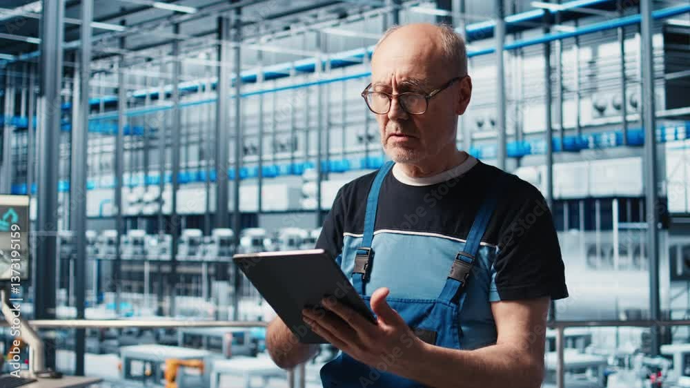 Poster senior engineer in smart factory rigorously testing automated systems to ensure reliability and safe