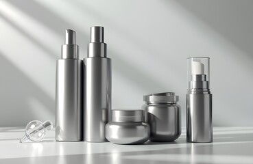 Metallic silver skincare packaging sleek finish no branding or text