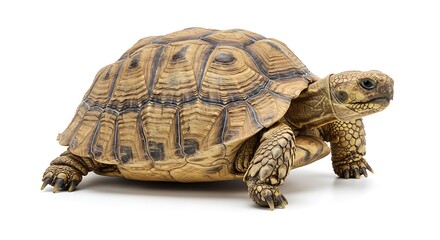 Obraz premium A lone tortoise, steadfast and strong, journeys across a bright white background, showcasing its intricate shell patterns.