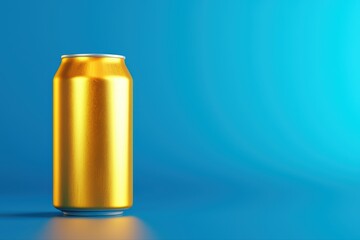 Fototapeta premium Bright metallic gold can on vibrant blue background