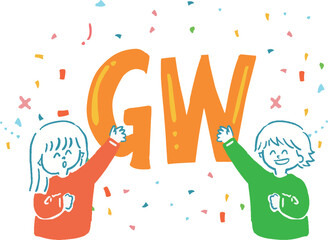 紙吹雪を撒く男女ののゴールデンウイークの文字　ポップなイラスト	