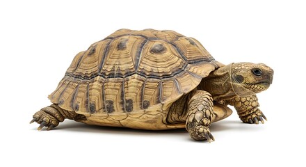 Obraz premium A lone tortoise, steadfast and ancient, journeys slowly across a stark white background, its textured shell a testament to time's passage.