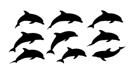 Naklejka premium A playful pod of dolphins leaping and diving in the ocean, captured in bold black silhouettes against a stark white background.