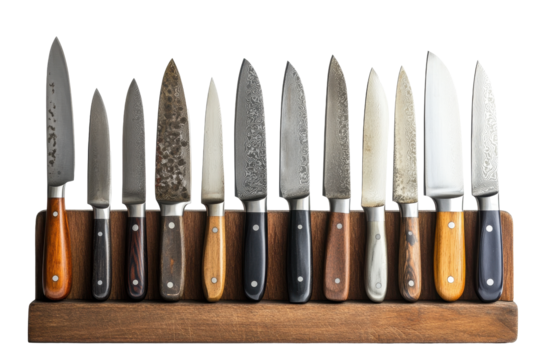 Collection of high-quality kitchen knives arranged on a wooden block showcasing various designs and materials for culinary enthusiasts