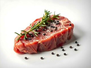 Fresh raw steak, seasoned with rosemary and pepper, presented on a white plate, ready to be cooked into a gourmet and appetizing meal