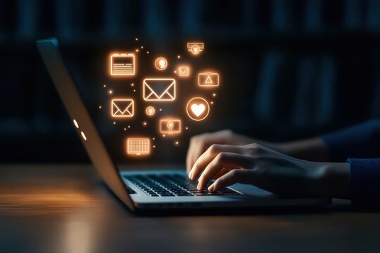 Hands typing on laptop with digital icons floating