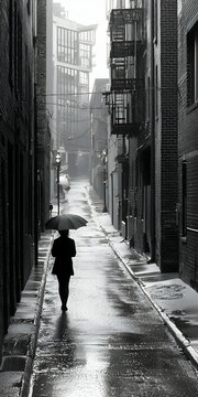 Fototapeta Person Walking Under Umbrella in Rainy City Alley