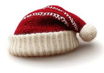 A red and white knitted winter hat with a pompom