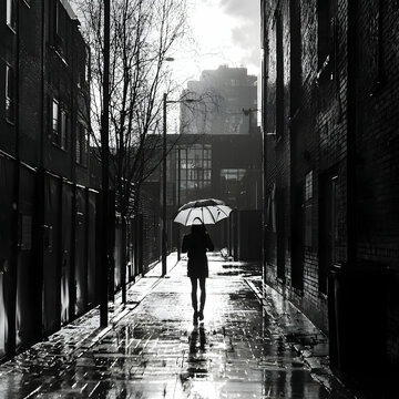 Fototapeta Person Walking with Umbrella in Rainy City Alley