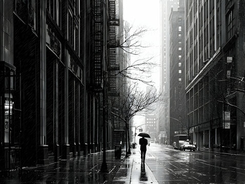 Fototapeta Person Walking with Umbrella in Rainy City Street