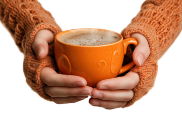 Warm cup of coffee held in hands against a transparent background, creating a cozy and inviting atmosphere perfect for any beverage-related purpose or design