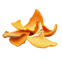 Fototapeta premium Pile of dried orange peels on a transparent background, showcasing citrus zest for culinary and aromatic uses, concept of natural ingredients and waste reduction