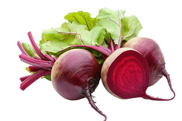 Freshly harvested beetroot with vibrant leaves and a cross-section revealing rich red interior on a transparent background
