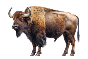 Wild bison standing on a transparent background showcasing its robust build and distinctive features in a natural habitat depiction
