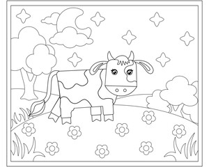 Cute Bull at night - a vector linear picture for coloring. A calf in a landscape with flowers, trees, clouds, moon and stars. Outline. Coloring page for children.	