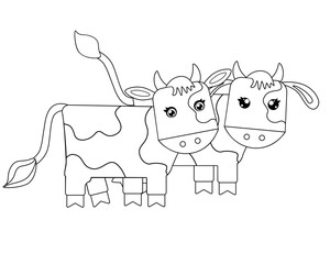 Couple of cute little calves - vector linear picture for coloring. Outline. Cow and bull cute picture for children's coloring book	