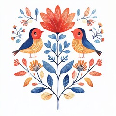 Scandinavian-inspired folk art print with birds and flowers