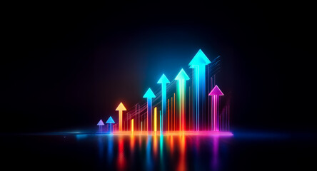 Rainbow arrows ascend against a stark black backdrop, embodying growth and positive trajectory. Vibrant hues illuminate the scene, suggesting progress and upward movement in a dynamic way.