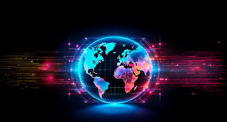 Obraz premium A vibrant, glowing globe with neon outlines and colorful continents is encircled by digital lines, representing a futuristic, technological world against a dark background.
