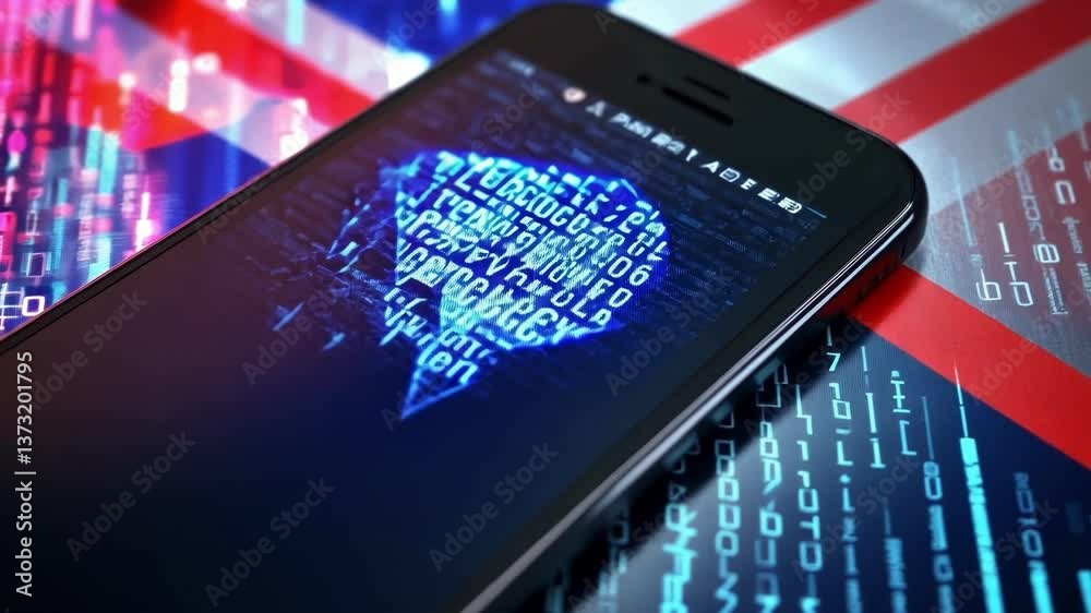 Poster binary code creating a world map on a smartphone screen highlights global connectivity and cyber sec
