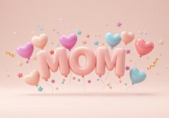 Pastel 'MOM' balloons float among hearts and confetti, creating a festive Mother's Day scene.