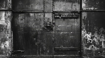 Weathered industrial metal door. Monochrome industrial background