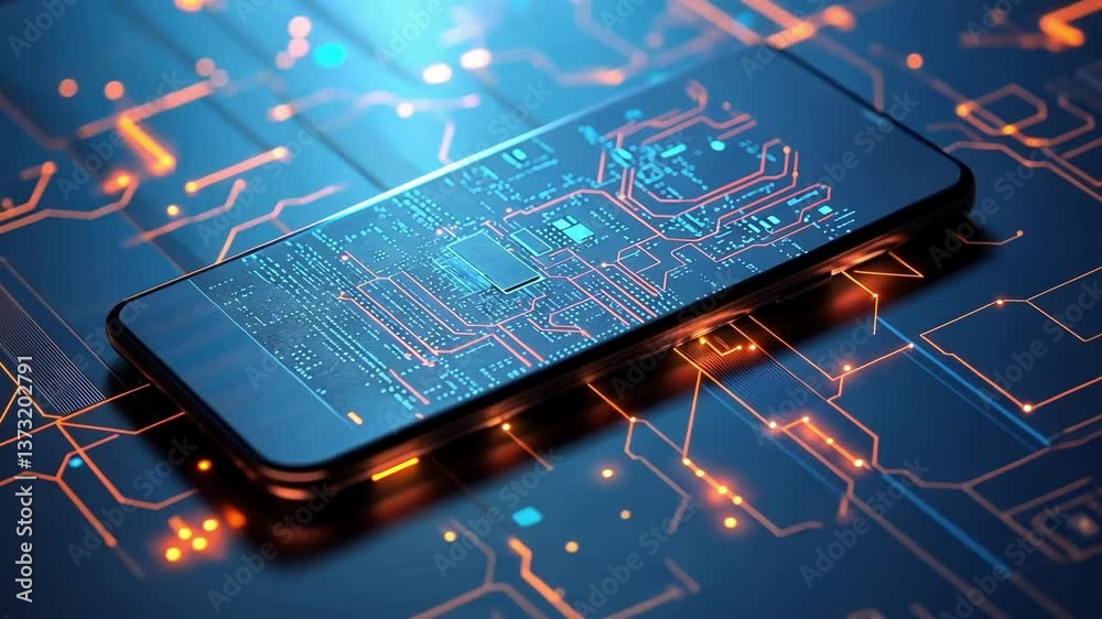 Poster futuristic smartphone is showing an augmented reality holographic projection of an electronic circui