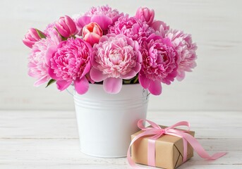 A beautiful arrangement of pink peonies and tulips in a bucket sits beside a wrapped gift.
