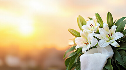 Obraz premium beautiful bouquet of white lilies with soft cloth, glowing in sunset light