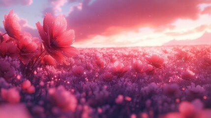 Vibrant pink flowers field at sunset