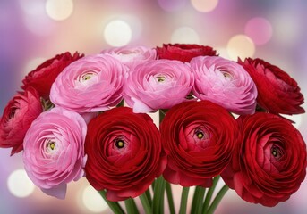 Obraz premium A vibrant bouquet of pink and red ranunculus flowers creates a festive and romantic atmosphere.