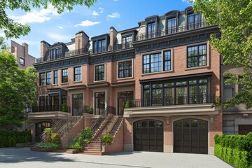 Naklejka premium Luxurious urban townhouses with elegant architecture and spacious exteriors nestled in a vibrant city neighborhood under a clear blue sky