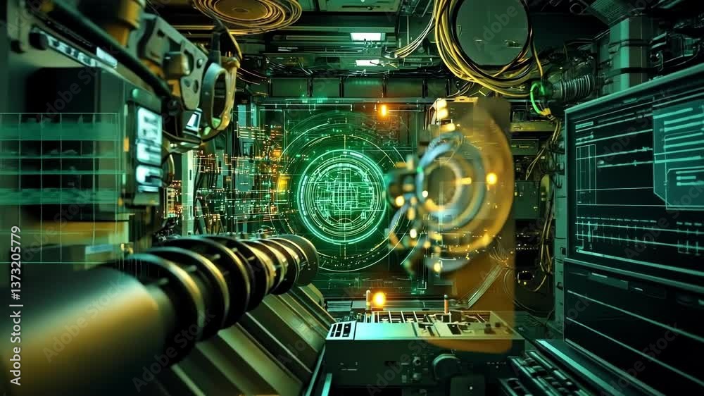 Aufkleber green digital globe rotating on holographic screen inside advanced server room, representing global 