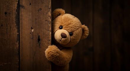 A curious teddy bear peeking from behind a rustic wooden door, a heartwarming moment captured in soft, dark lighting.