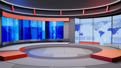 3D Virtual TV Studio News, Backdrop For TV Shows .TV On Wall.3D Virtual News Studio Background,3d illustration