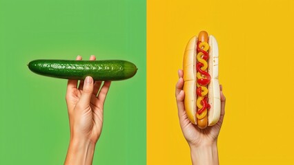 Two hands showcase different food choices: one holds a fresh cucumber, while the other has a colorful hot dog, all against vibrant green and yellow backgrounds, reflecting diverse tastes.